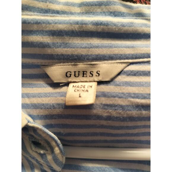 3231) Guess Blue White Stripe long Sleeve Button Down Gold Button Rayon Shirt L - Picture 7 of 8
